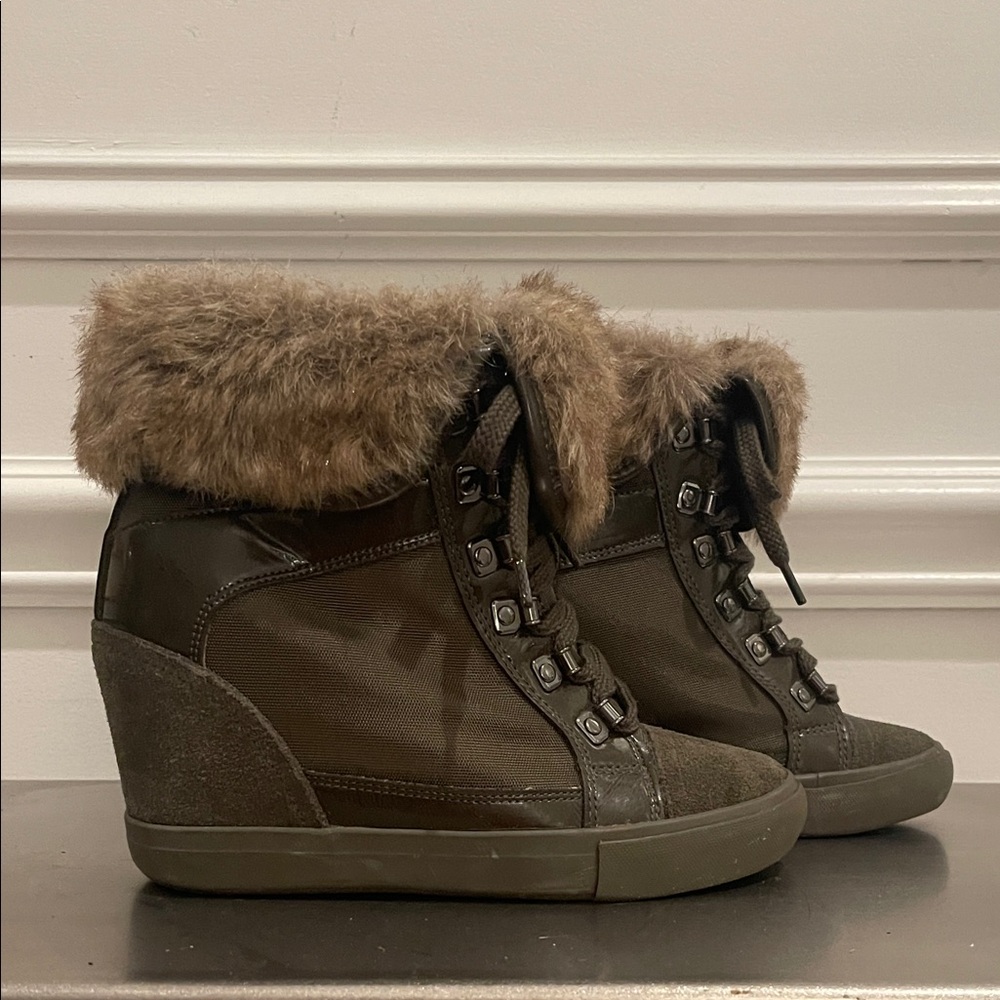 Aldo Faux Fur Patent Lined Wedge Bootie